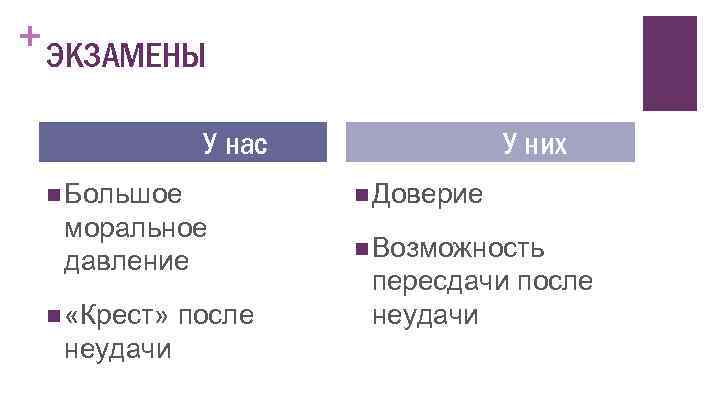 + ЭКЗАМЕНЫ У нас n Большое моральное давление n «Крест» неудачи после У них