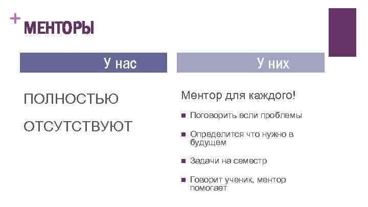 + МЕНТОРЫ У нас ПОЛНОСТЬЮ ОТСУТСТВУЮТ У них Ментор для каждого! n Поговорить если