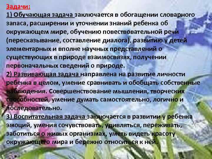 Задачи: 1) Обучающая задача заключается в обогащении словарного запаса, расширении и уточнении знаний ребенка