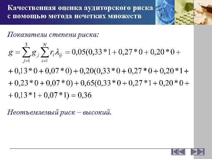 Качественная оценка аудиторского риска с помощью метода нечетких множеств Показатели степени риска: Неотъемлемый риск