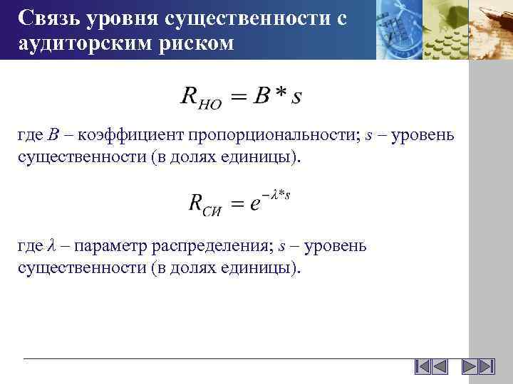Связь уровня существенности с аудиторским риском где B – коэффициент пропорциональности; s – уровень