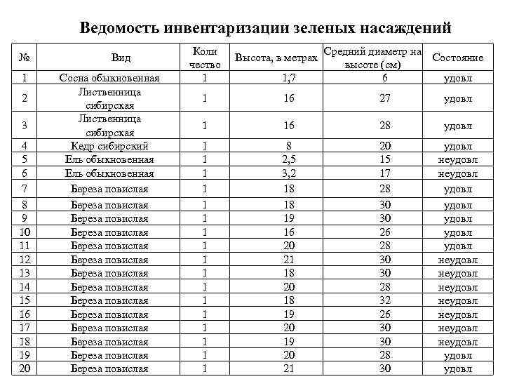 Перечетная ведомость зеленых насаждений