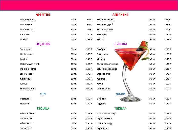 APERITIFS Martini Bianco 50 ml 99 R Martini Dry 50 ml Martini Rosso АПЕРИТИВ