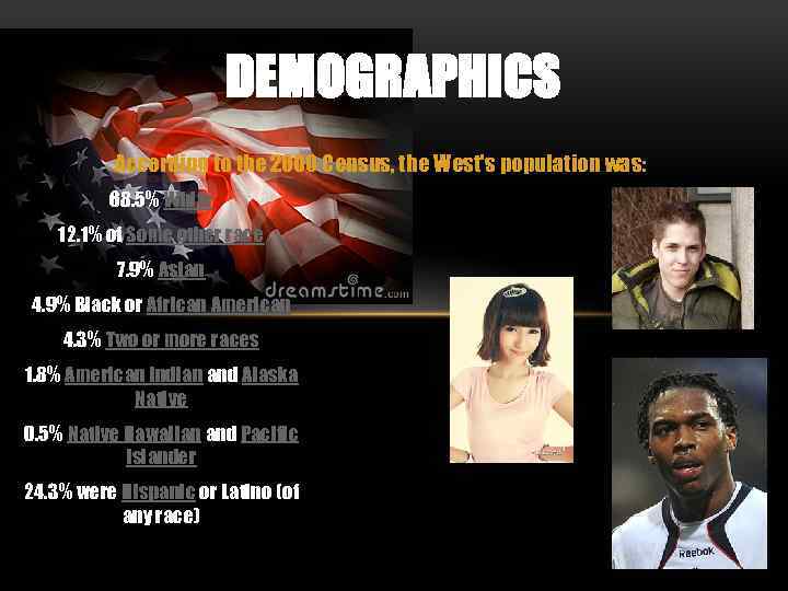 DEMOGRAPHICS According to the 2000 Census, the West's population was: 68. 5% White 12.