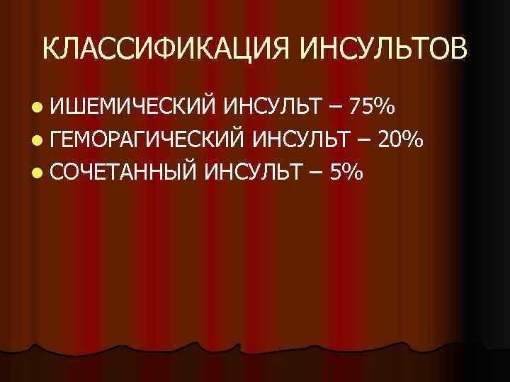 КЛАССИФИКАЦИЯ ИНСУЛЬТОВ l ИШЕМИЧЕСКИЙ ИНСУЛЬТ – 75% l ГЕМОРАГИЧЕСКИЙ ИНСУЛЬТ – 20% l СОЧЕТАННЫЙ