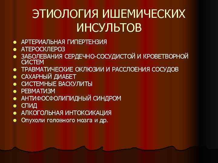 ЭТИОЛОГИЯ ИШЕМИЧЕСКИХ ИНСУЛЬТОВ l l l АРТЕРИАЛЬНАЯ ГИПЕРТЕНЗИЯ АТЕРОСКЛЕРОЗ ЗАБОЛЕВАНИЯ СЕРДЕЧНО-СОСУДИСТОЙ И КРОВЕТВОРНОЙ СИСТЕМ
