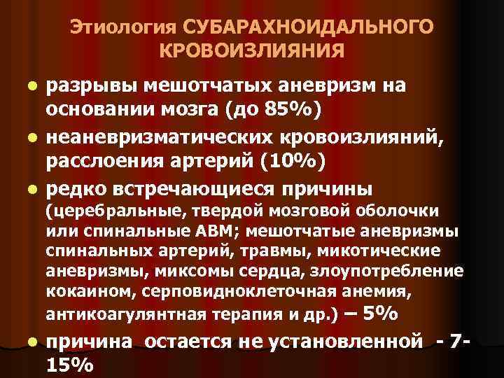 Этиология СУБАРАХНОИДАЛЬНОГО КРОВОИЗЛИЯНИЯ разрывы мешотчатых аневризм на основании мозга (до 85%) l неаневризматических кровоизлияний,
