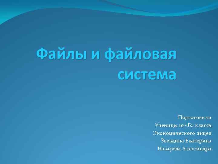 Файлы и файловая система Подготовили Ученицы 10 «Б» класса Экономического лицея Звездина Екатерина Назарова