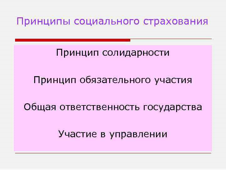 Принципы социального страхования Принцип солидарности Принцип обязательного участия Общая ответственность государства Участие в управлении