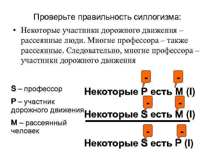 Проверьте правильность силлогизма: • Некоторые участники дорожного движения – рассеянные люди. Многие профессора –