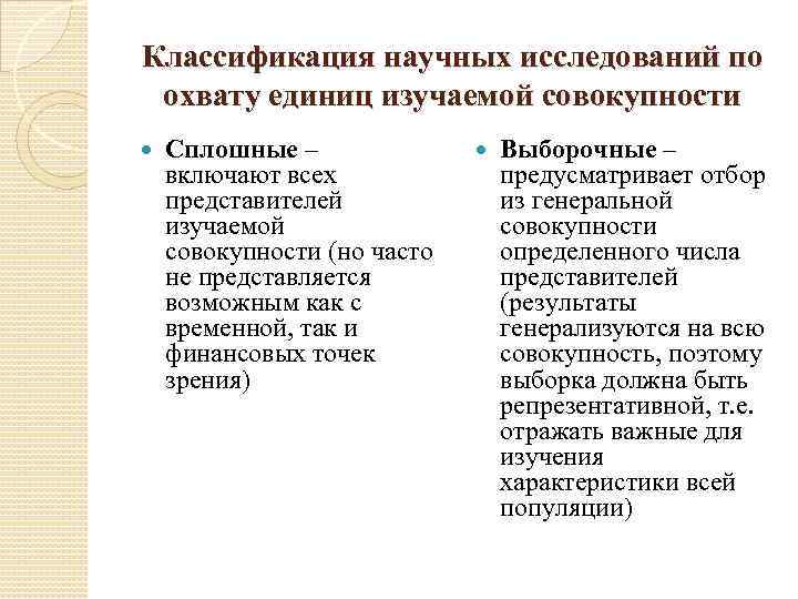 Классификация научных исследований по охвату единиц изучаемой совокупности Сплошные – включают всех представителей изучаемой