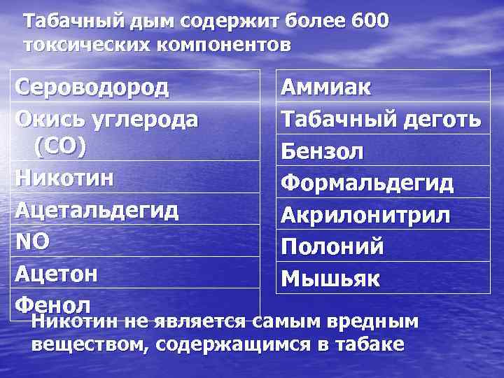 Табачный дым содержит более 600 токсических компонентов Сероводород Окись углерода (СО) Никотин Ацетальдегид NO