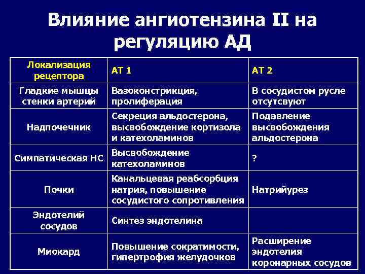 Влияние ангиотензина II на регуляцию АД Локализация рецептора Гладкие мышцы стенки артерий Надпочечник Симпатическая