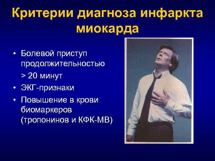 Критерии диагноза инфаркта миокарда • Болевой приступ продолжительностью > 20 минут • ЭКГ-признаки •