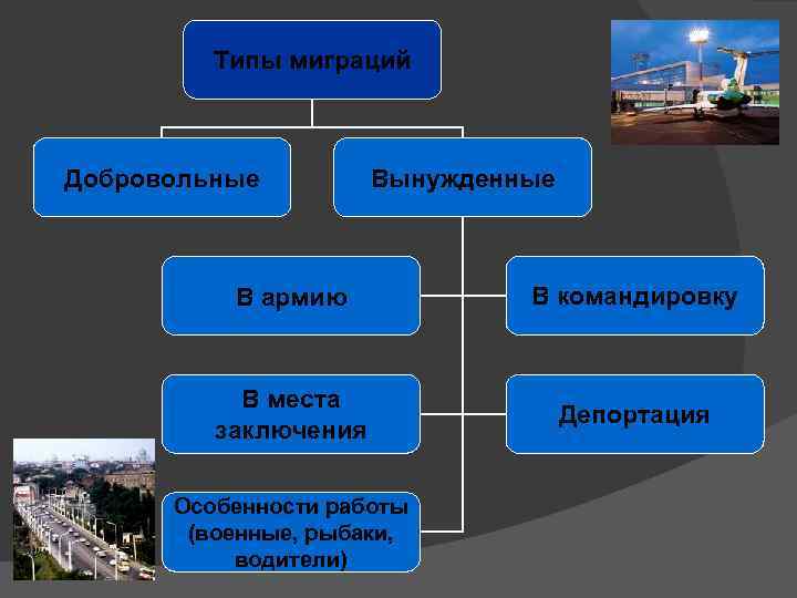 Типы миграций Добровольные Вынужденные В армию В командировку В места заключения Депортация Особенности работы