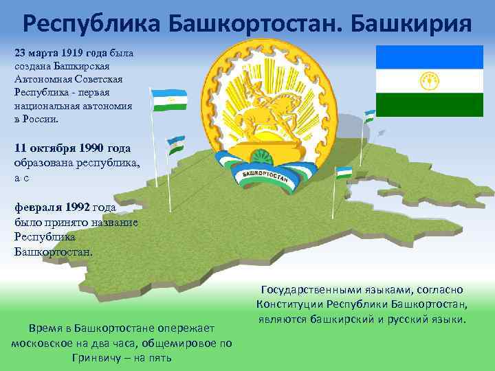 Республика Башкортостан. Башкирия 23 марта 1919 года была создана Башкирская Автономная Советская Республика -
