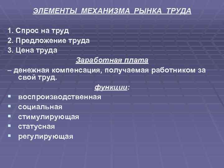 ЭЛЕМЕНТЫ МЕХАНИЗМА РЫНКА ТРУДА 1. Спрос на труд 2. Предложение труда 3. Цена труда