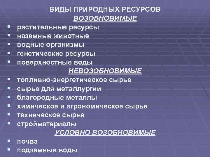 § § § § ВИДЫ ПРИРОДНЫХ РЕСУРСОВ ВОЗОБНОВИМЫЕ растительные ресурсы наземные животные водные организмы