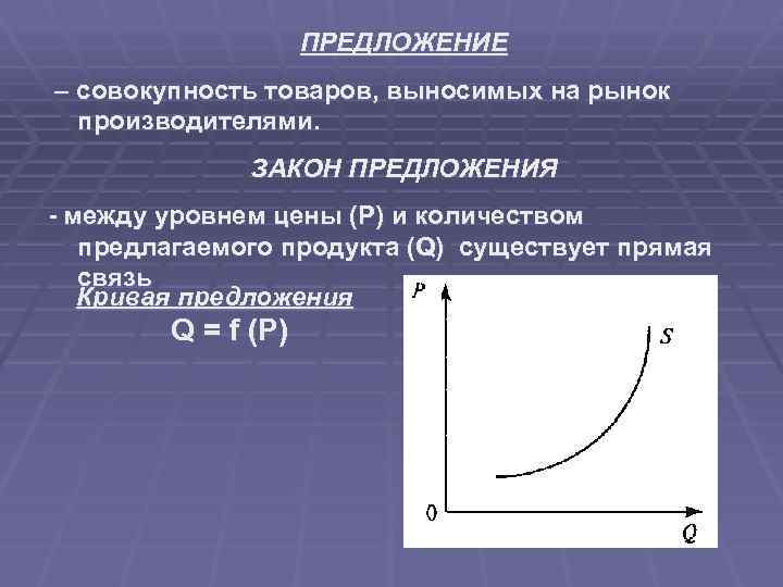 ПРЕДЛОЖЕНИЕ – совокупность товаров, выносимых на рынок производителями. ЗАКОН ПРЕДЛОЖЕНИЯ - между уровнем цены