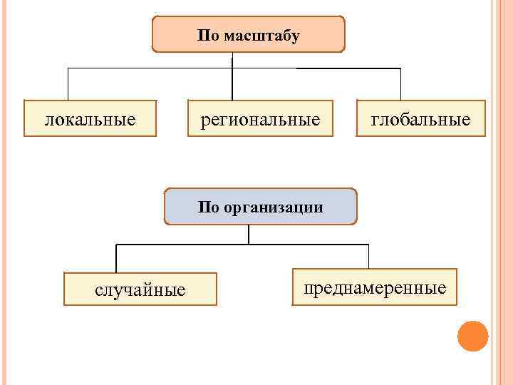 По масштабу локальные региональные глобальные По организации случайные преднамеренные 
