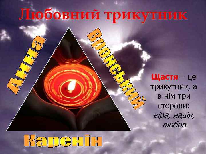 Любовний трикутник Щастя – це трикутник, а в нім три сторони: віра, надія, любов