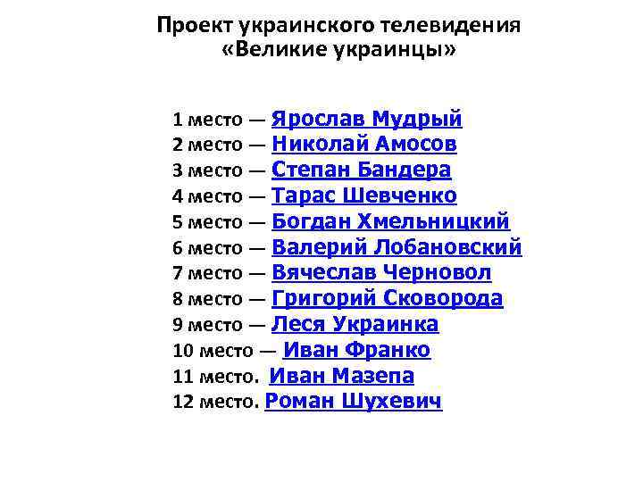 Проект украинского телевидения «Великие украинцы» 1 место — Ярослав Мудрый 2 место — Николай