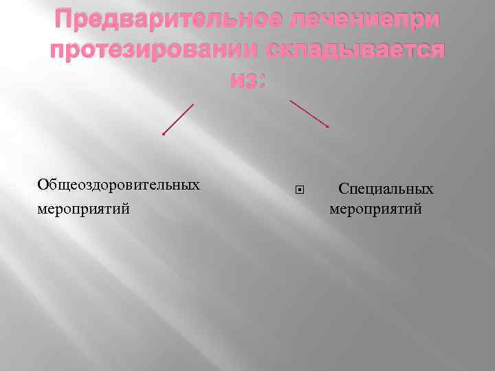 Предварительное лечениепри протезировании складывается из: Общеоздоровительных мероприятий Специальных мероприятий 