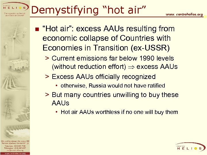 Demystifying “hot air” n www. centrehelios. org “Hot air”: excess AAUs resulting from economic