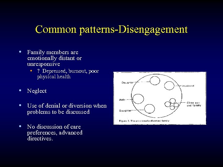 Common patterns-Disengagement • Family members are emotionally distant or unresponsive • ? Depressed, burnout,