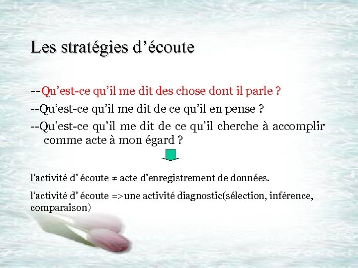 Les stratégies d’écoute --Qu’est-ce qu’il me dit des chose dont il parle ? --Qu’est-ce
