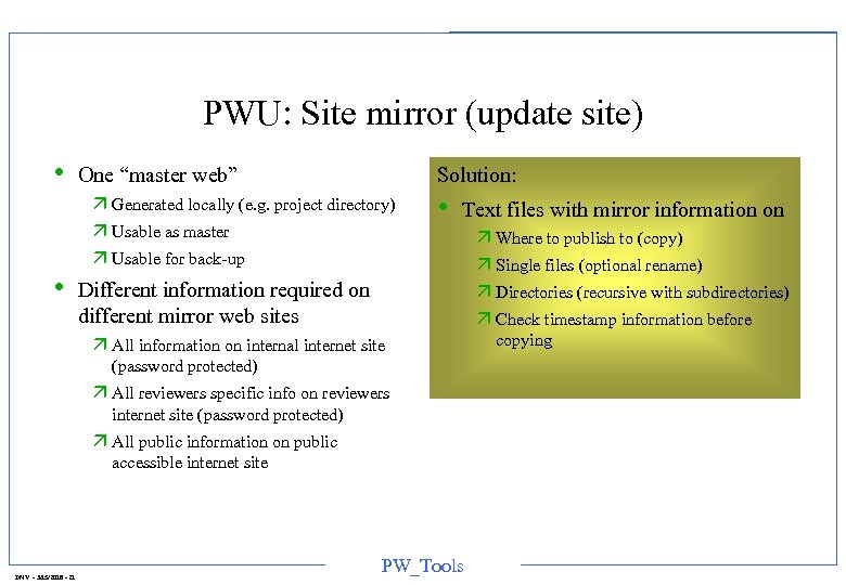 PWU: Site mirror (update site) • • Solution: One “master web” ä Generated locally