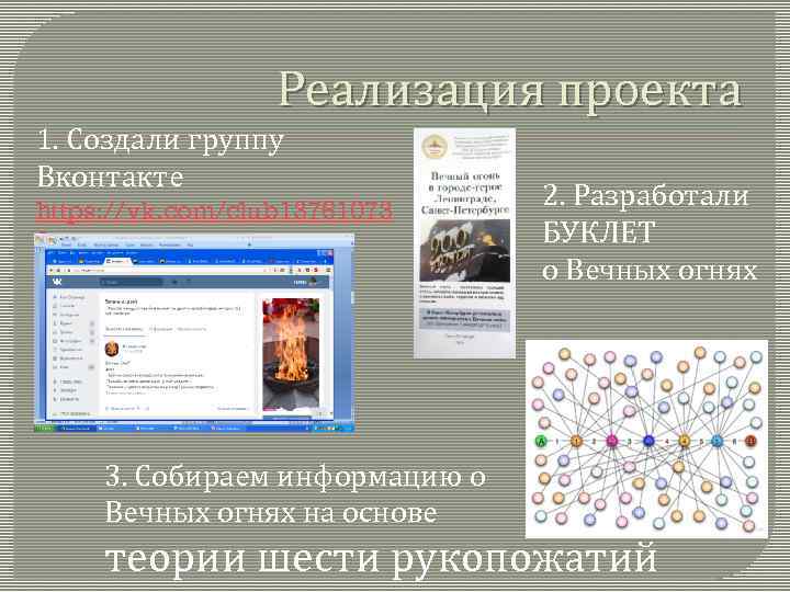 Реализация проекта 1. Создали группу Вконтакте https: //vk. com/club 13761073 0 2. Разработали БУКЛЕТ