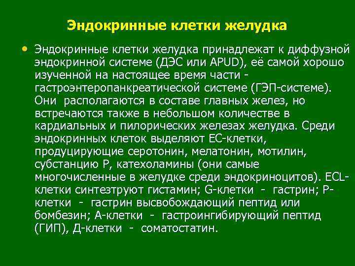 Эндокринные клетки желудка • Эндокринные клетки желудка принадлежат к диффузной эндокринной системе (ДЭС или