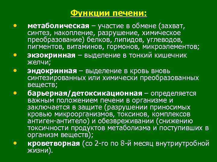 Функции печени: • • • метаболическая – участие в обмене (захват, синтез, накопление, разрушение,