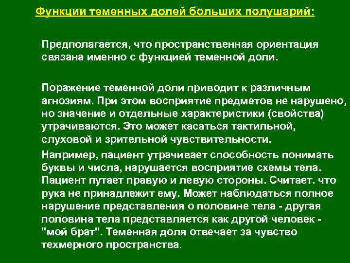 С ориентацией связано. Теменная доля функции. Функции долей. Теменная доля больших полушарий связана с ориентацией.