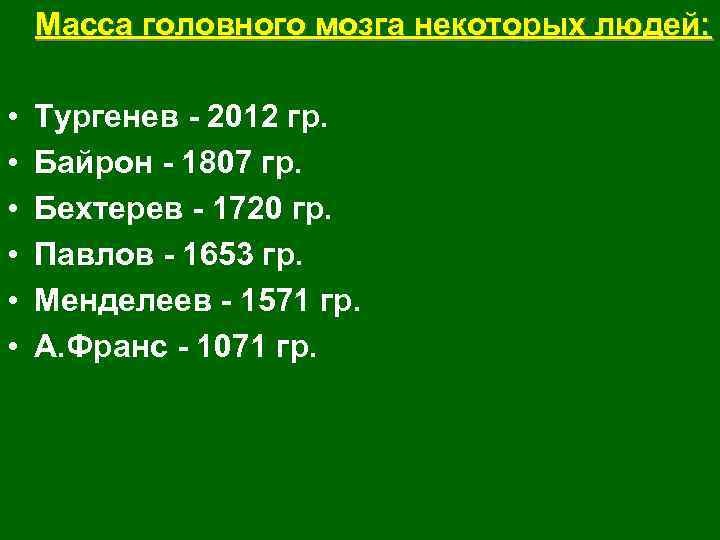 Масса головного мозга некоторых людей: • • • Тургенев 2012 гр. Байрон 1807 гр.