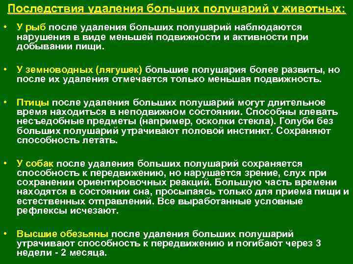 Последствия удаления больших полушарий у животных: • У рыб после удаления больших полушарий наблюдаются