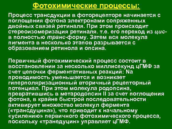 Фотохимические процессы: Процесс трансдукции в фоторецепторе начинается с поглощения фотона электронами сопряженных двойных связей