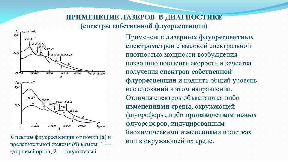 ПРИМЕНЕНИЕ ЛАЗЕРОВ В ДИАГНОСТИКЕ (спектры собственной флуоресценции) Спектры флуоресценции от почки (а) и предстательной