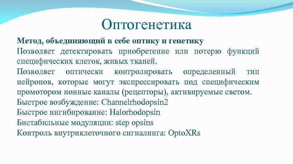 Оптогенетика Метод, объединяющий в себе оптику и генетику Позволяет детектировать приобретение или потерю функций