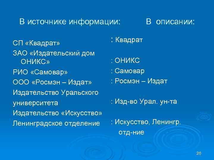 В источнике информации: СП «Квадрат» ЗАО «Издательский дом ОНИКС» РИО «Самовар» ООО «Росмэн –