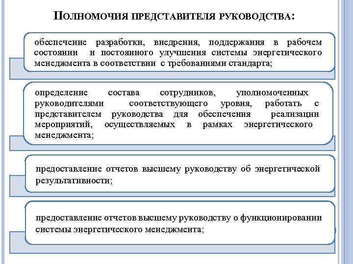 ПОЛНОМОЧИЯ ПРЕДСТАВИТЕЛЯ РУКОВОДСТВА: обеспечение разработки, внедрения, поддержания в рабочем состоянии и постоянного улучшения системы