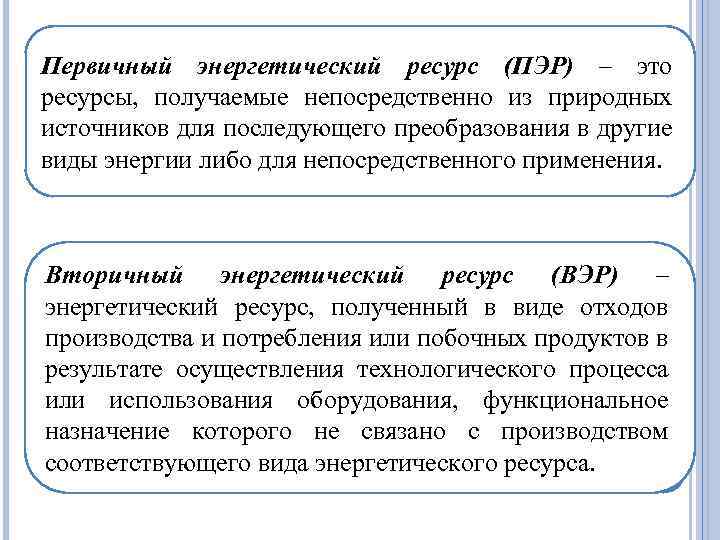 Первичный энергетический ресурс (ПЭР) – это ресурсы, получаемые непосредственно из природных источников для последующего