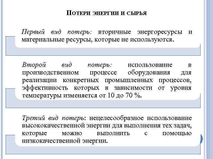 ПОТЕРИ ЭНЕРГИИ И СЫРЬЯ Первый вид потерь: вторичные энергоресурсы и материальные ресурсы, которые не