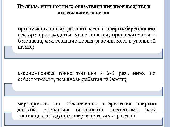 ПРАВИЛА, УЧЕТ КОТОРЫХ ОБЯЗАТЕЛЕН ПРИ ПРОИЗВОДСТВЕ И ПОТРЕБЛЕНИИ ЭНЕРГИИ организация новых рабочих мест в