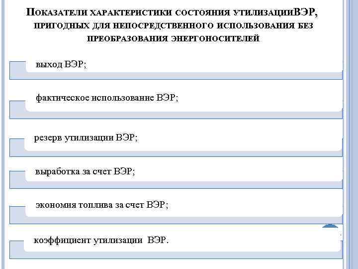 ПОКАЗАТЕЛИ ХАРАКТЕРИСТИКИ СОСТОЯНИЯ УТИЛИЗАЦИИ ЭР, В ПРИГОДНЫХ ДЛЯ НЕПОСРЕДСТВЕННОГО ИСПОЛЬЗОВАНИЯ БЕЗ ПРЕОБРАЗОВАНИЯ ЭНЕРГОНОСИТЕЛЕЙ выход