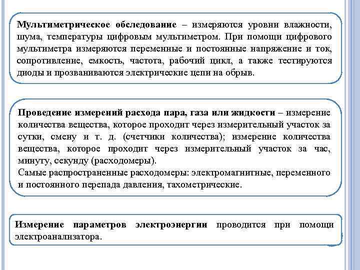 Мультиметрическое обследование – измеряются уровни влажности, шума, температуры цифровым мультиметром. При помощи цифрового мультиметра