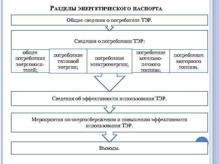 РАЗДЕЛЫ ЭНЕРГЕТИЧЕСКОГО ПАСПОРТА Общие сведения о потребителе ТЭР. Сведения о потреблении ТЭР: общее потребление