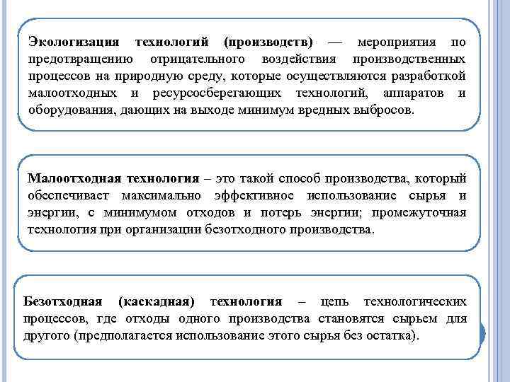 Экологизация технологий (производств) — мероприятия по предотвращению отрицательного воздействия производственных процессов на природную среду,