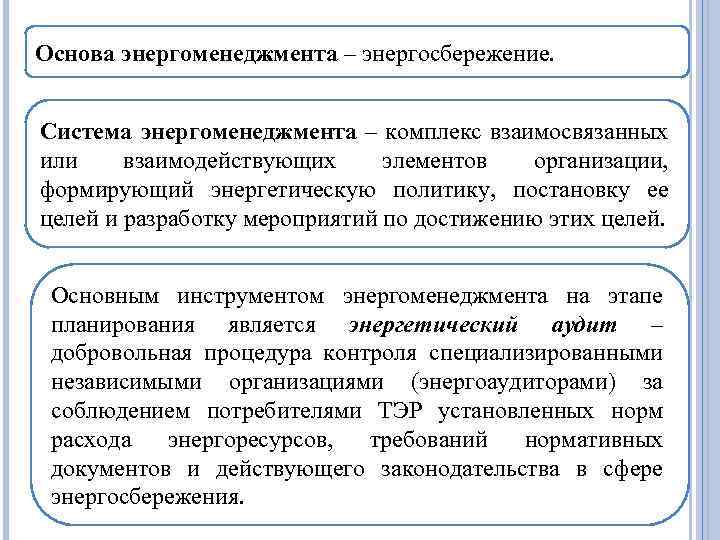 Основа энергоменеджмента – энергосбережение. Система энергоменеджмента – комплекс взаимосвязанных или взаимодействующих элементов организации, формирующий